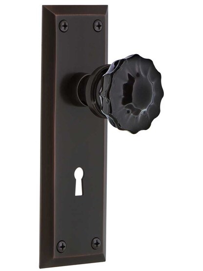 New York Mortise Lock Set with Colored Fluted Crystal Glass Knobs Black in Timeless Bronze.